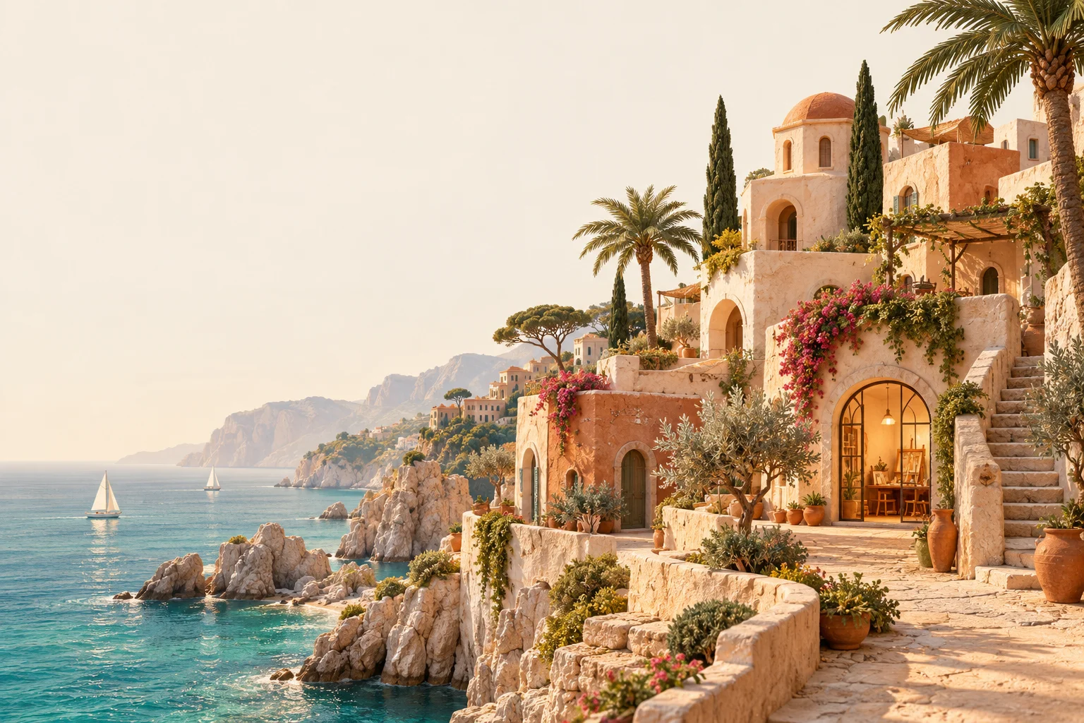 An imagined coastal studio, with sunlit terraces, winding paths and a turquoise sea