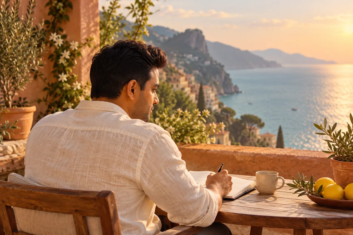 Creative portrait of Mohnish taking a quiet moment by the coast